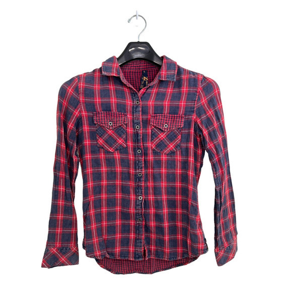 7 For All Mankind Tops - Seven 7 For All Mankind Flannel Shirt‎ Womens S Red Blue Plaid Soft Button Up